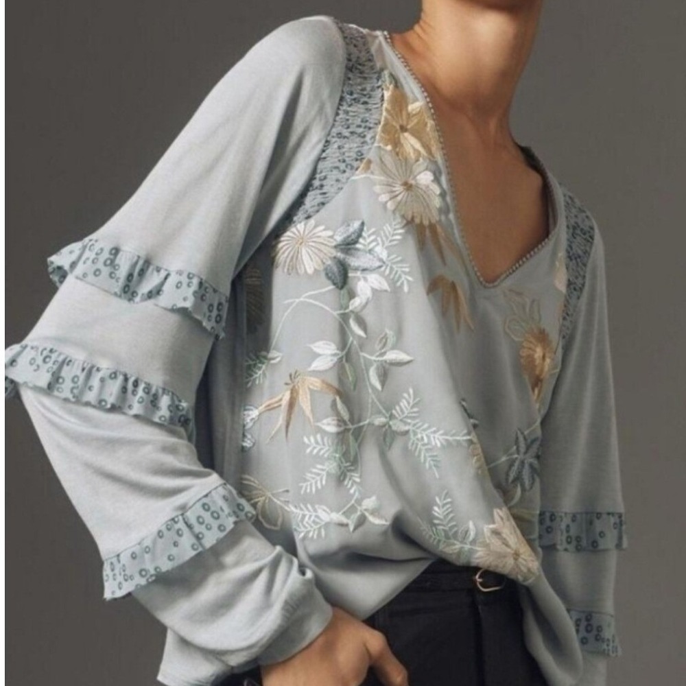 Anthropologie Tiny NWOT Embroidered Floral Ruffle Blouse Top Size Small‎ - Picture 2 of 11